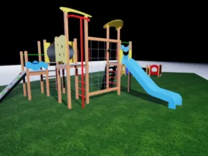 El Módulo de Madera Boomerang Adventure con 4 plataformas, tobogán recto, túnel de fibra, rampa alpinista y más. Ideal para estimular la imaginación y el desarrollo físico de los niños en áreas recreativas.